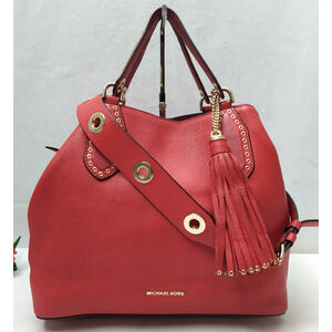 Michael Kors Brooklyn Red Leather Tassel Double Handle Satchel Shoulder Bag
